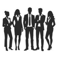 Silhouettes of five business professionals standing together in formal attire against a white background. vector