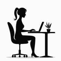 Silhouette of a woman working on a laptop at a desk, illustrating a modern workspace environment. vector