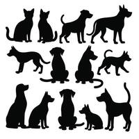 Silhouettes of various dog and cat breeds in sitting and standing poses. vector