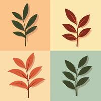 Four stylized botanical illustrations in a grid, featuring leaves in various shades of green, red, and orange on a muted background. vector