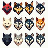 A digitally illustrated collage of twelve wolf and fox heads displaying diverse fur colors and expressions. vector