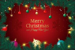 Christmas border with fir branches and decoration ornaments elements on red background. Realistic 3d design. Bright Christmas and New Year background light garlands, gold confetti. vector