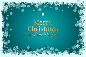 Merry Christmas and Happy New Year Card with Colorful Ornaments and Pine Branches on Cyan Background vector