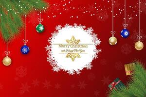 Merry Christmas and Happy New Year Greeting Card with Hanging Ornaments on Red Background vector