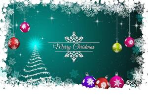 Elegant Cyan Christmas Card with Ornaments, Snowflakes, and Glowing Tree vector