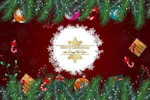 Merry Christmas and Happy New Year Card with Colorful Ornaments and Pine Tree Branches on Red Background vector