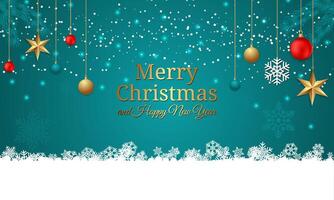 Merry Christmas and Happy New Year Greeting Card with Hanging Ornaments and Snowflakes vector