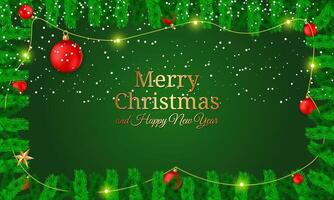 Christmas decoration border with fir branches and golden glitter confetti and sparkles of lights blur bokeh on red background. Bright Christmas and New Year design holiday frame. vector