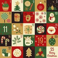 Christmas advent calendar with simple flat illustrations, numbers. Traditional Xmas symbols in red, green and gold. vector