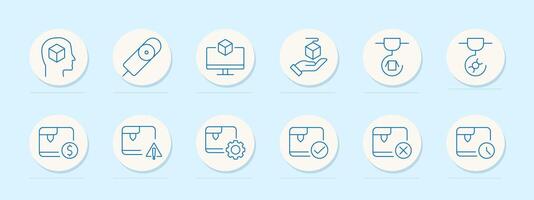 Packaging and logistics icons set. Box in mind, barcode scanner, box on screen, hand holding package, package with network, payment, caution symbol vector