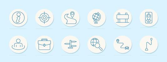 Navigation set icon. Information, target, path with location pin, globe, billboard, mobile navigation, person, briefcase, road signs, globe with magnifying glass, car with path. vector