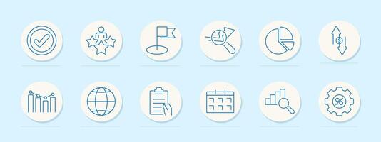 Finance set icon Checkmark, person with stars, flag, magnifying glass with chart, pie chart, money exchange arrows, graph, globe, clipboard, calendar, magnifying glass with chart, gear with percentage vector
