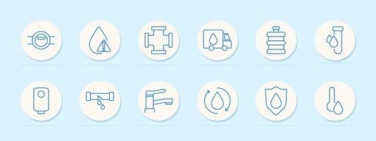 Water set icon. Pipeline, drop with alert, pipe junction, truck, container, test tube, heater, leaking pipe, tap, drop with arrows, shield, thermometer. vector