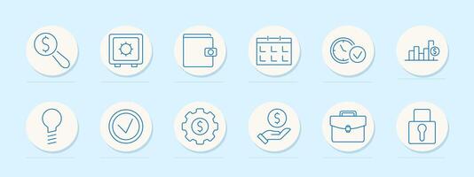 Banking and savings icons set. Magnifying glass with dollar symbol, safe, wallet, calendar, clock, bar chart, light bulb, checkmark, hand holding coin, briefcase, lock vector