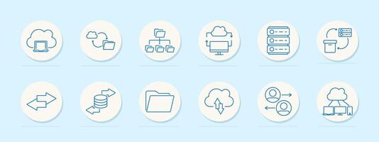 Cloud storage set icon. Cloud with laptop, folder synchronization, hierarchical folders, server, remote access, file exchange, database transfer, folder storage, upload, user sync, network vector