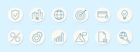 Business and marketing icons set. Shield with checkmark, percentage graph, globe, target with arrow, credit card with lock, light bulb, percentage symbol, gear with person, bar graph, vector