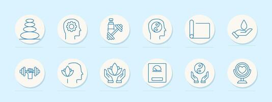 Wellness set icon. Stone balance, head with gear, dumbbell, head with yin yang, yoga mat, hand with drop, dumbbell with leaves, lotus flower, scale, hands with lotus, mirror with heart. vector
