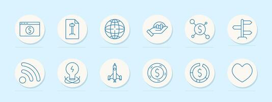 Finance icons set. Web page with dollar symbol, bar graph on clipboard, globe, hand holding bar chart, coin network, direction signs, Wi-Fi signal, light bulb, rocket, coin stack, pie chart, heart vector
