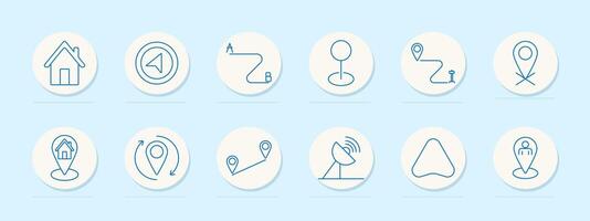 Location set icon. House, play button, path from A to B, location marker, curved path, house with pin, circular arrow, straight path, satellite, mountain, person pin. vector