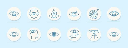 Vision set icon. Crossed-out eye, gear, flaming, target, arrow, target, head , globe eye, hand, telescope with eye, magnifying. vector