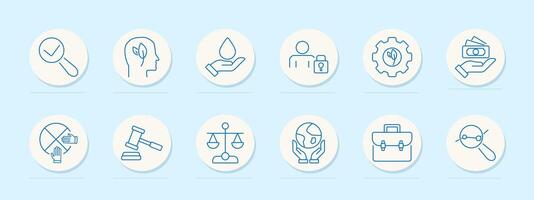 Sustainability and environmental responsibility set icon. Checkmark, mental health, water conservation, data protection, eco-friendly practices, justice, law, global responsibility, finance, balance vector