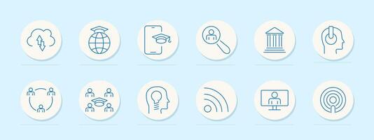 Education set icon. Cloud upload, global graduation, mobile learning, person search, institution, head with headphones, group learning, online graduation, knowledge sharing, broadcast vector