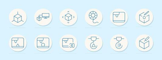 Design set icon. 3D printing, cube, computer, hand holding a cube, printer, warning, settings, checkmark, cross, clock, object creation, technology, printing error, control, maintenance, production vector