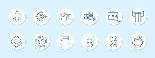 Financial and professional services icons set. Gear with upward arrow, target with money, person with dollar sign, coin stack, briefcase with magnifying glass, ATM, percentage symbol, gear with person vector