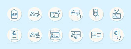 Identification set icon. Clipboard, verified ID, clock, handing, mobile ID, lanyard , rejected, passport with cross, scanned ID, passport with shield. vector