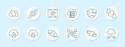 Cloud computing set icon. Cloud sync, arrows, file sharing, server, data exchange, folder structure, remote storage, database transfer, upload, file transfer, cloud home network vector