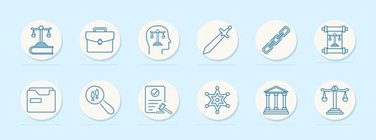 Law set icon. Scales on book, briefcase, head with scales, sword, chain, document with scales, file, magnifying glass with alert, sheriff badge, courthouse, scales with dollar. vector