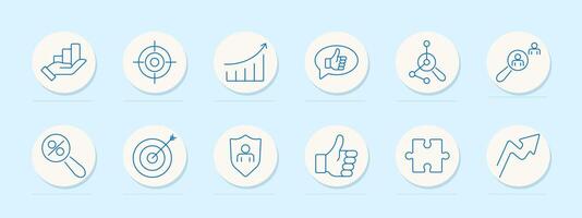 Business set icon. Hand with bar chart, target, growth chart, thumbs up, network, magnifying glass with people, percentage, target with arrow, person shield, thumbs up, puzzle, upward arrow vector