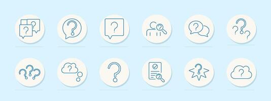 Question set icon. Multiple question marks, speech bubble, person with magnifier, dialogue, single question mark, confused thoughts, checkmark, star, cloud. vector