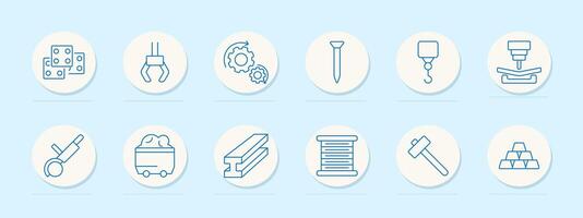 Construction and building materials set icon. Plank, metal rod, rolled material, pipe, mining cart, door, CNC machine, insulation, house construction, roof, wall, materials, processing vector