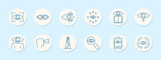 Vision set icon. Eye in frame, data, tech, connected , book, magnifying glass, head , surveillance tower, clipboard, cloud with eye. vector