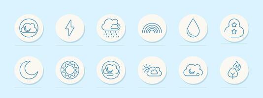 Weather set icon. Cloud with moon, lightning, rain, rainbow, water drop, cloud with stars, crescent moon, sun, cloud, moon with sleep, sun with cloud, fire with tree. vector