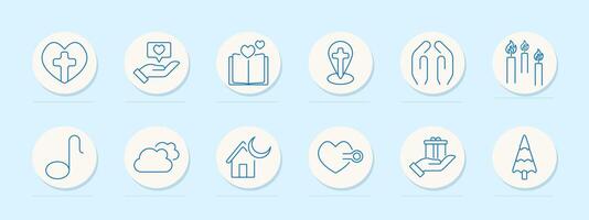 Faith set icon. Heart with cross, hand with speech bubble, open book, grave with cross, praying hands, candles, music note, cloud, house with moon, key with heart, gift, tree. vector
