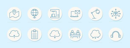 Map and outdoor icons set. Location map, globe with latitude lines, coffee machine, email on laptop, desk lamp, Wi-Fi symbol, cloud icon, clipboard, cloud upload, two people at a desk vector