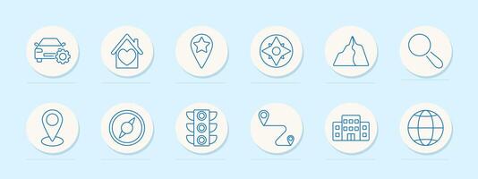 Travel set icon. Car with gear, house with heart, location star, compass, mountain, magnifying glass, location pin, navigation, traffic lights, route, building, globe. vector