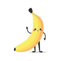 Cute smiling cartoon banana character greets. Banana fruit mascot vector