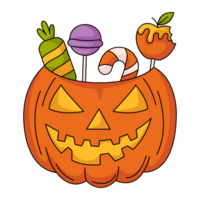 Víspera de Todos los Santos calabaza con dulces tradicional fiesta símbolo. plano sencillo elemento, color ilustración. para logo, pegatina, imprimir, web diseño, scrapbooking png