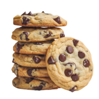 Stack of golden brown chocolate chip cookies, one leaning against the stack png