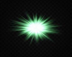 Abstract green star explosion. Glowing starburst effect isolated on dark background. Radiant beams with bright glowing center. Graphical patch of reflected light. Lens flare. illustration. vector