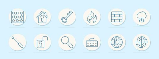 Security set icon. Firewall, house with lock, key, flame, grid, cloud, screwdriver, padlock, magnifying glass, keyboard, globe with shield, gear with globe. vector