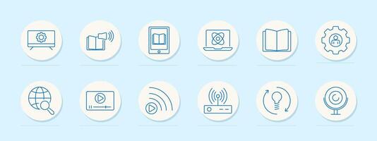 Technology set icon. Screen with gear, speaker with book, tablet, laptop with atom, open book, gear with person, globe with magnifying glass, , signal, router, idea, globe with camera. vector