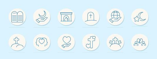 Religion set icon. Tablets, hand with crescent, fire, grave, hand with globe, star and moon, cross, head with heart, hand with heart, cross on hill, broken heart. vector