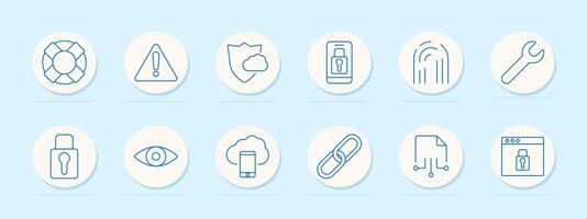 Cybersecurity set icon. Lifesaver, alert, cloud shield, fingerprint, wrench, padlock, eye, phone cloud, chain, document, browser with lock. vector