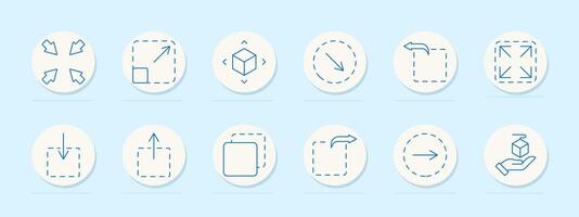 Resize set icon. Inward arrows, outward, box with arrows, cube with arrows, diagonal, square with, down, up, square, bent, right, hand with box. vector