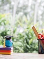 Student creative desktop, earth globe with graduation hat on hardcover book and colorful stationery. Copy space for text, Back to school, Education concept photo