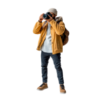 Man in yellow jacket taking photo with camera png